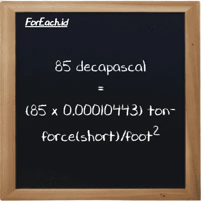 How to convert decapascal to ton-force(short)/foot<sup>2</sup>: 85 decapascal (daPa) is equivalent to 85 times 0.00010443 ton-force(short)/foot<sup>2</sup> (tf/ft<sup>2</sup>)
